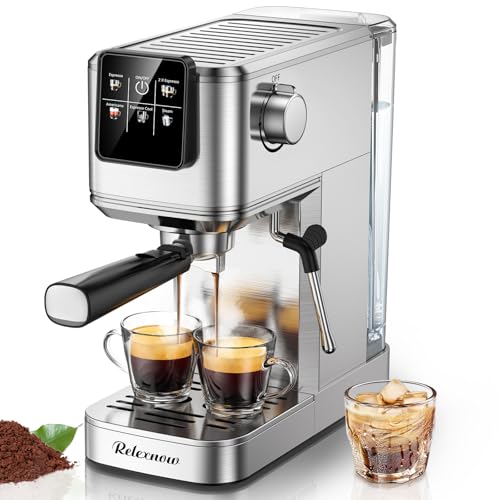 Image of RELEXNOW Espresso Machine, 20 Bar Professional Espresso Coffee Maker with Milk Steam Wand, Hot and Iced Coffee Machine, Stainless Steel Compact Coffee Machine for