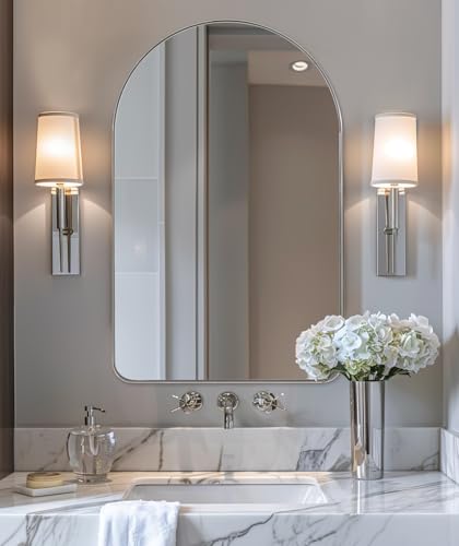 Image of Arched Mirror, 24 x 36 Inch Polished Chrome Bathroom Mirror with Stainless Steel Metal Frame, Arch Top Rounded Corner 1 Inch Deep Set Design Wall Mount Hangs Vertical
