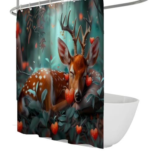 FEIPUHOME Art Cartoon Shower Curtains Sika Deer Jungle Heart Prints Bathroom Curtains - Fabric Waterproof Inner Liner Machine Washable with Hooks 72 x 86 inch