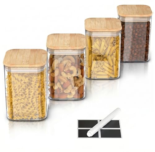 Arendo - Vorratsgläser mit Deckel - 4er Set - Glasbehälter aus Glas – hitzebeständig – Vorratsdosen mit Bambusdeckel - luftdicht - für Müsli Zucker Mehl Kaffee Reis