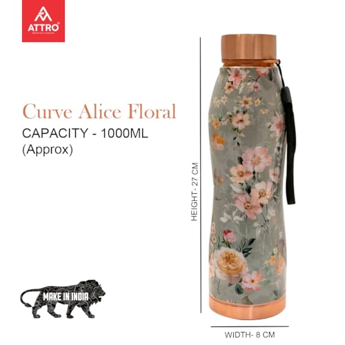 Image of ATTRO Curve Copper Bottle Design Boosts Immunity Leakproof & Lightweight |Anti-Bacterial, BPA Free with Secure Cap for School, Travel, Gym & Work 1000ml Alice Floral