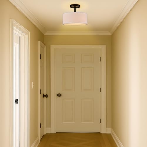 Image of Modern 3 Light Black Drum Semi Flush Mount Ceiling Light Fixture | Ceiling Mount for Hallway Bedroom Entryway Foyer Office