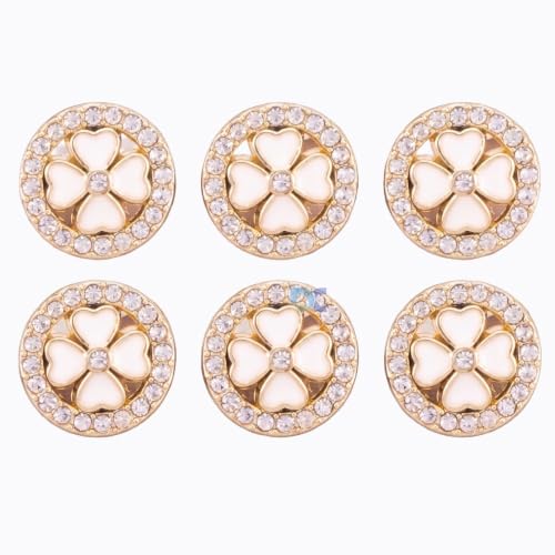 Image of Pack of 6 Round White Clover Flower Rhinestones with Golden Finish Buttons Diameter 18 mm,(28 L) Shank for Garment Clothing Accessories Fit Sewing Scrapbooking Garment DIY Decoration