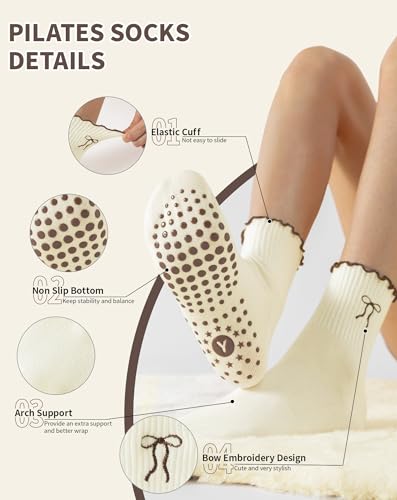 Image of Yawlsow Cute Pilates Grip Socks for Women Ruffle Frilly Yoga Socks Non Slip Cotton Crew Grippy Sock for Barre Workout