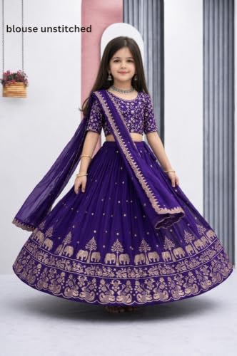 Image of Kids Chiffon Lehenga Choli, Embroidered Elephant and Floral Print, Festive Ethnic Wear with Dupatta