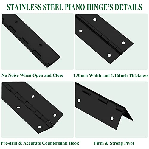 4Pack Heavy Duty Piano Hinge, 2" Open Width X 16" Continuous & Piano Hinges, 0.06” Thick Stainless Steel Piano Hinge With Holes, Black Stainless Furniture Hinges For Cabinet Door Cases Woodworking #TOP2