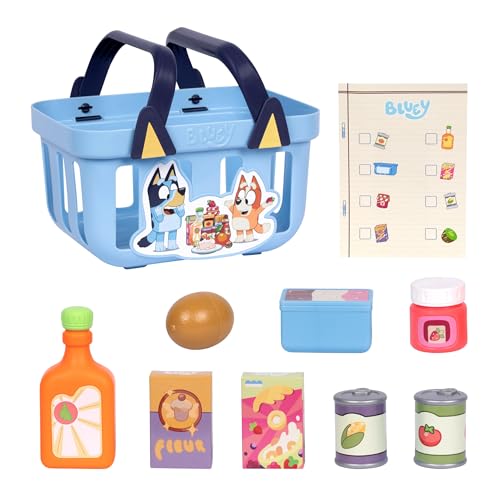 Image of Bluey Shopping Basket, 9 Grocery Accessories, Toddler Pretend Play