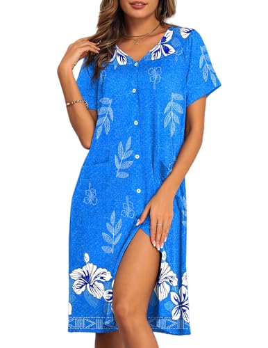 Image of Ekouaer House Dresses for Women with Pockets Button Down Nightgowns Plus Size Moo Moos Mumu Dresses Floral Print S-3XL