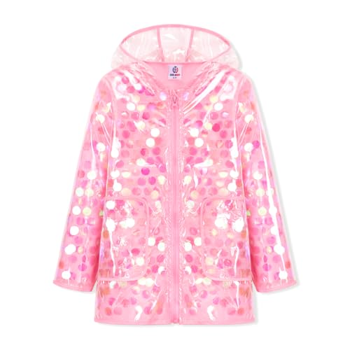 Lista de Abrigos impermeables para Niña los mejores 10. 50 Welaken - Impermeable de lentejuelas para niñas, impermeable, reutilizable, con capucha, con forro, Rosado, 12 Años