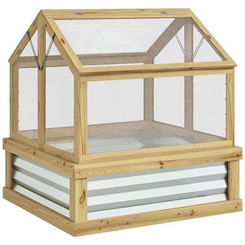 Outsunny Raised Garden Bed with Polycarbonate Greenhouse Wooden Cold Frame Greenhouse Garden Flower Planter Protection Peak Roof 35.5 x 31.5 x 36 Natural