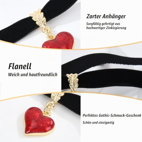 Moguri® Schwarze Halskette im Vintage-Stil für Damen, Samt-Tropfenöl, rotes Herz, schwarzes Halsband, Valentinstag Weihnachten Cosplay Party Schmuck, verstellbare Länge