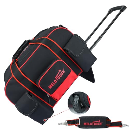 MELOTOUGH Rolling Tool Bag with Wheels, Heavy Duty Large Tool Bag with Concealed Telescoping Handle, Multi-Pocket Organizer for Construction, Electrician, HVAC, Mechanic - 4 Carrying Options (Red)