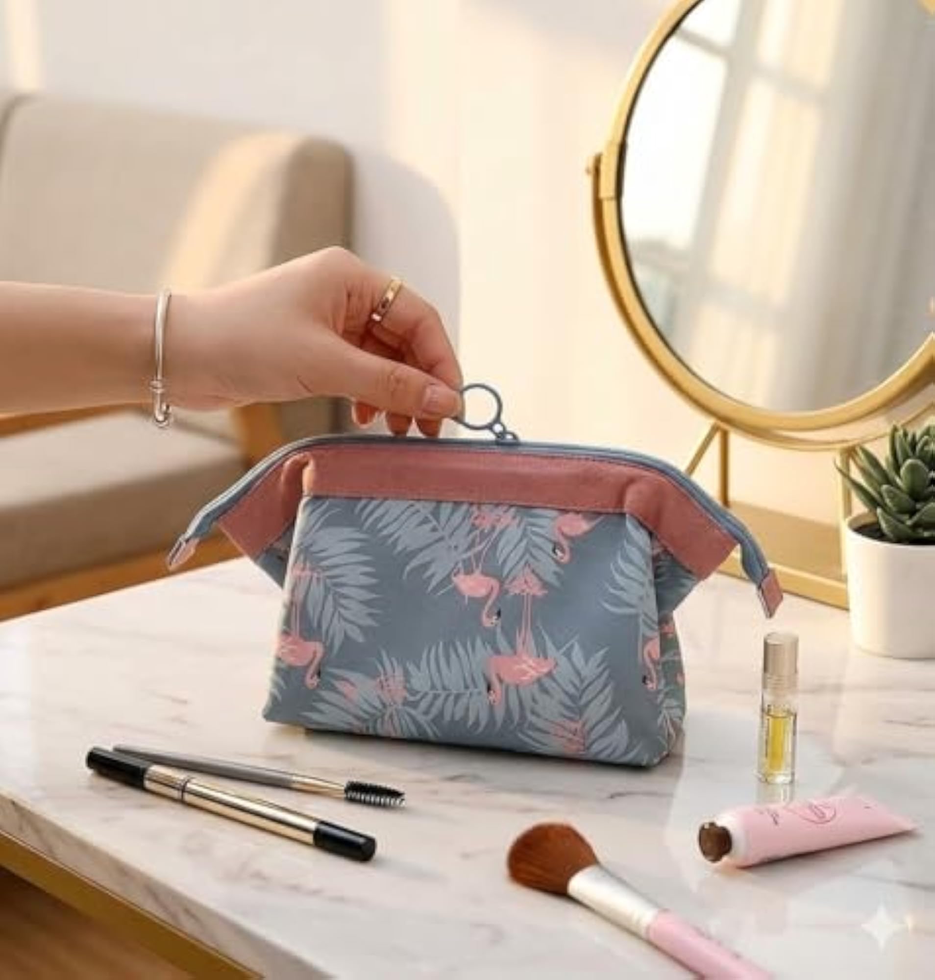 Portable Travel Makeup Pouch with Water-Resistant Zipper, Flamingo