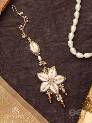 Image of SANJOYA by EVERSTYLISH Embroidered Maangtika for Women | Shell, Beads & Glass Drop Statement Headpiece | Ethnic Jewelry for Weddings, Festivals & Special Occasions