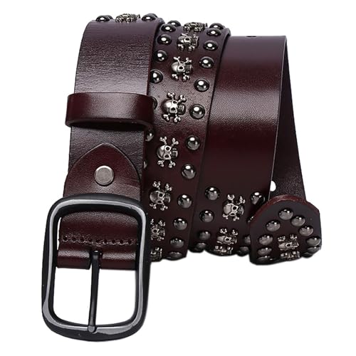 Mens Belt Leather Skull Buckle Belt, Decorative Punk Belt Waist Band Jeans Genuine Leather Studded Belts for Jeans Pants