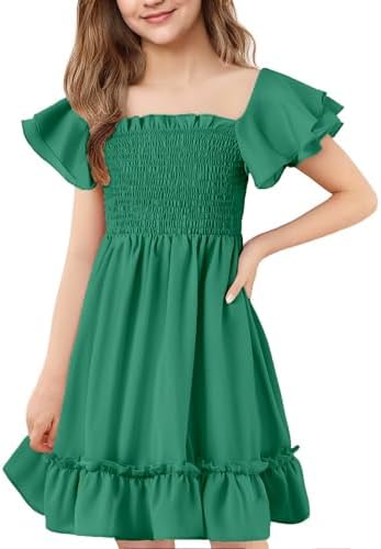 Girls Summer Dresses Cute Double Layer Ruffle Sleeve Off Shoulder Dress 5-14 Years