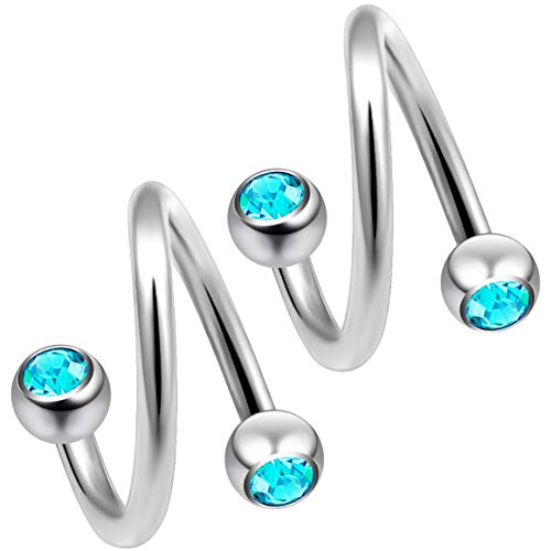 2Pc Twisted Barbell 16G Piercing Earrings Helix Cartilage Twist 316Lvm Surgical Steel Daith Spiral Belly Button Ring Navel Gauge Twister Body Jewelry Cz Aquamarine Crystal 8Mm #TOP13