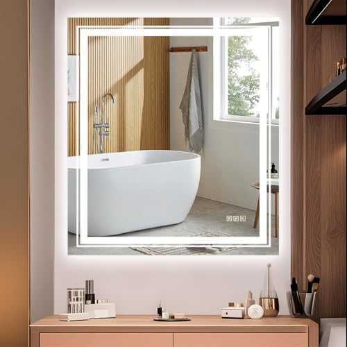 TOTOUS 32x36 LED Mirror for Bathroom with Front and Backlit Light Up Digital Mirrors for Wall,Anti Fog,Stepless Dimmable,Tempered Silver Glass Smart Vanity Mirror for Bathroom