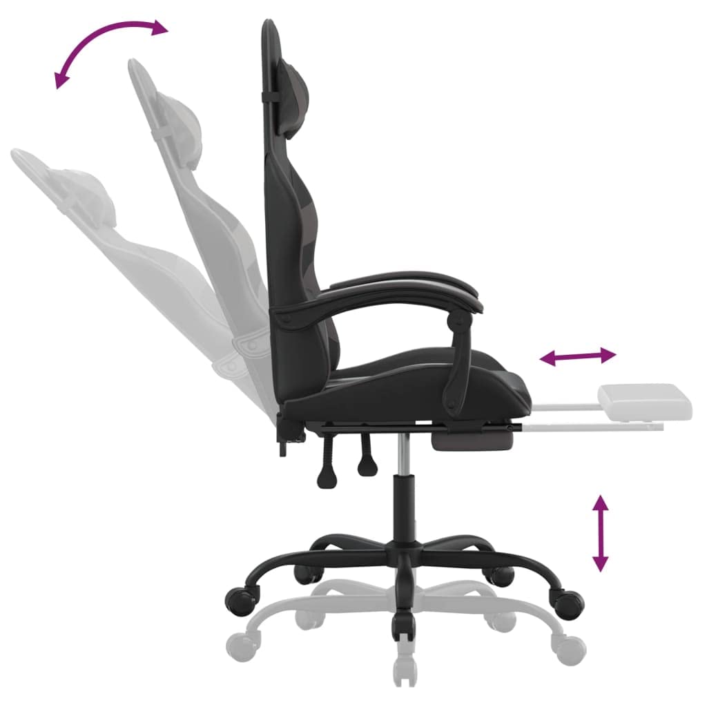 Gaming-Stuhl mit Fußstütze Schwarz Grau Kunstleder Ergonomisch Drehbar Höhe verstellbar mit Wippfunktion für Homeoffice Jugend PC Esport Komfortabel