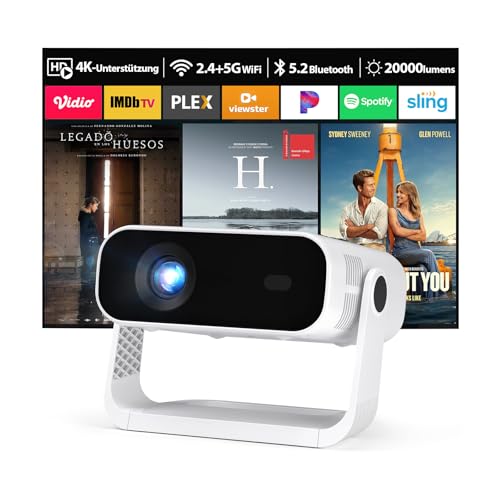 Smart Beamer Full HD 1080P, 25000 Lumens, Android 11，Integrierte Apps, 4D Trapezkorrektur，WiFi 6 & BT 5.2, Heimkino 4K Beamer Trapezkorrektur und elektrischen Fokus