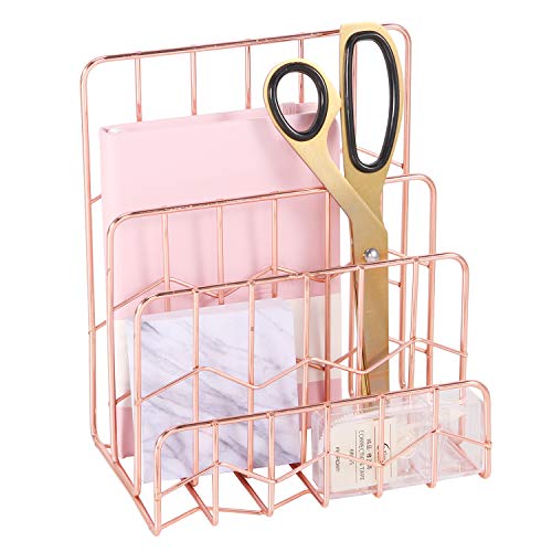 Simmer Stone Mail Sorter, 3 Slot Letter Holder Rack, Decorative Desk Paper Organizer for Postcards, Envelopes, Brochures and Files, Size 5.9 x 3.9 x 7.1 (Rose Gold)