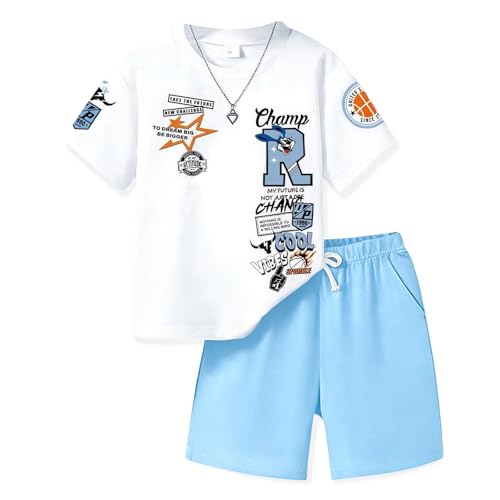 LKALPSQ Boys Summer Clothes Short Sleeve Top and Shorts 2-Piece Kids Outfits Boys Sets Size 9-10 Years Blue