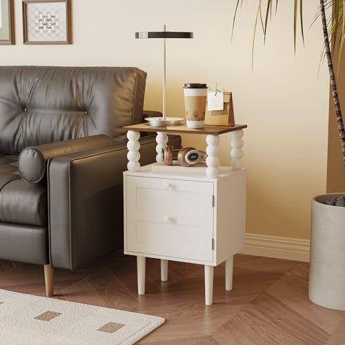 Image of Veegle White Nightstand,Mid-Century Modern Bedside Table with Storage Drawer and Open Wood Shelf, for Bedroom and Small Spaces,Night Stand with Solid Wood Legs (White)