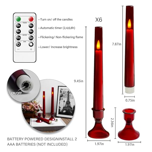 Image of LTETTES 6 PC Acrylic Flameless Taper Candles with Remote | Red Battery Operated LED Candles with Timer | Flickering Light | Heat-Resistant | Safe for Pets & Kids | Table, Window & Wedding Decor