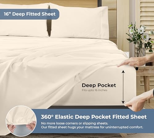 Image of ROYALE LINENS 100% Organic Cotton Full Sheet Set - Percale Weave - 4 Pieces Set - 1 Flat, 1 Deep Pocket Fitted Sheet and 2 Pillowcases - Cream Bed Sheets - Sabanas Full - Crisp Cool (Cream)