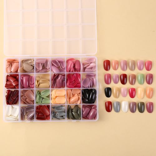 Image of 576Pcs Oval Press on Nails 24 Solid Color Stick on Nails Glossy False Nails Full Cover Glue on Nail Set for Women Nail Tip DIY