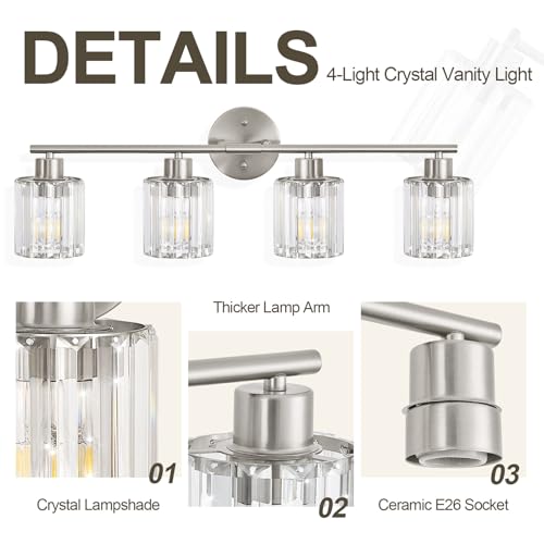 Image of Modern Brushed Nickel Crystal Bathroom Light Fixtures,4-Light