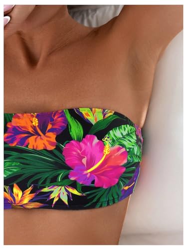 GORGLITTER Women's Strapless Bandeau Bikini Floral Tropical High Waisted Full Coverage Bathing Suits Swimsuit4