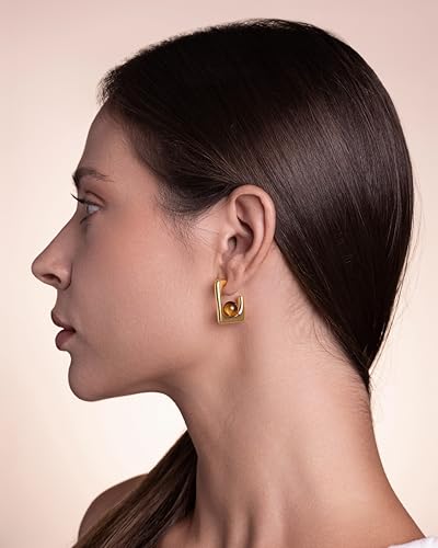 Thin Gold Open Square Hoops Statement Earrings with Brown Tiger Eye Stone for Women by SNGIA, Small Bold Handmade Exaggerated Irregular Trendy Jewelry Gifts, Simple Geometric Post Hoop Huggie Summer Beach Fashion Earrings Accessories, Dainty Vintage Nickle Free Dangle Earrings.3