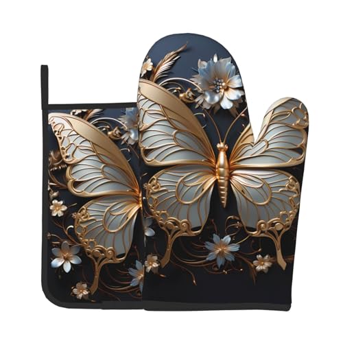WZYWHJ Gold White Butterflies Printing Oven Mitts and Pot Holders Set for Cooking, Microwave, Grilling - with Lanyard Design