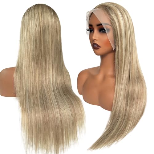 Image of Munx Ash Blonde Human Hair Lace Front Wig for Women 18in, Straight 13x4 Transparent HD Lace Frontal Wigs Thick 180% Density Ombre Brown Colored Lace Front Human Hair Wigs Bleached Knots