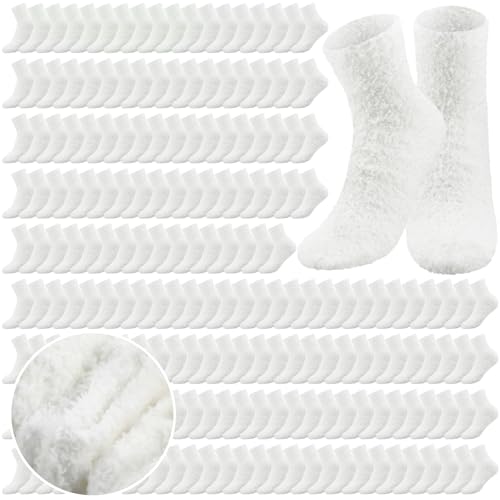 Cuffbow 100 Pairs Bulk Fuzzy Socks for Men Women Warm Soft Cozy Slipper Fluffy Socks Bulk Winter Christmas Gifts for Homeless(White)