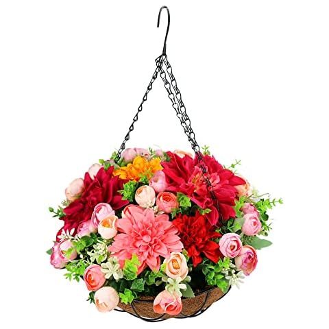 LARDUX Artificial Hanging Baskets with Flowers - 12 Inch Fake Rose Flowers in Hanging Basket for Outdoors Garden Patio Porch Deck Yard Decoration Cover