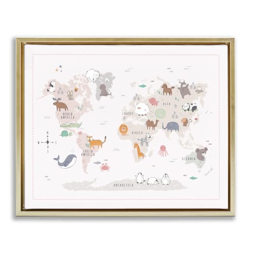 Wildlife World Map Education, 17 x 21 Inch Canvas in Floater Frame