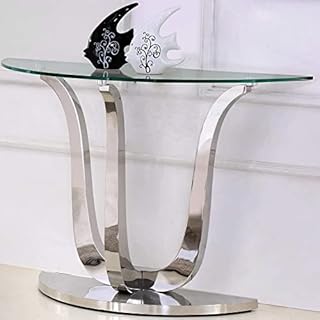 OAK FURNITURE KING Naples Semi Circle Glass Console Table | Silver Stainless Steel Metal Hall Side End Table | Naples