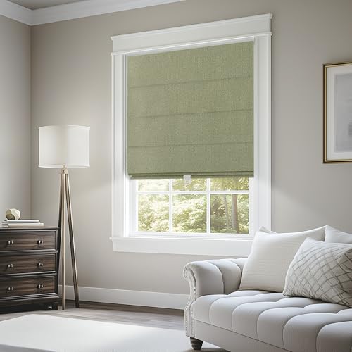 BERISSA Blackout Roman Shades for Windows Cordless,Pull Down Linen Fabric Roman Blinds,Thermal Insulated Window Shades for Door Windows,Bedroom,Office,Easy to Install,Green,Custom Size