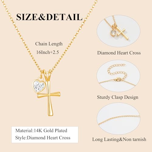 Avotto Dainty Gold Cross Necklace for Women, 14K Gold Plated Tiny Small Cross Pendant Heart Necklace for Women Christian First Communion Gifts Baptism Religious Ideas Jewelry Gifts by Avotto - Used condition - Image 2