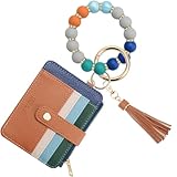 COOLANS Wristlet Bracelet Keychain Card Holder Card Pocket PU Leather Purse Tassel Keychain Bangle Key Ring for Women Girls (Silicone Bead Bracelet+Card Purse (Rainbow))