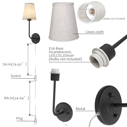 Image of Pathson Set of 2 Plug in Fabric Wall Sconce Linen Cloth Shade, 1-Light Vintage Wall Light Fixture for Living Room Bedroom