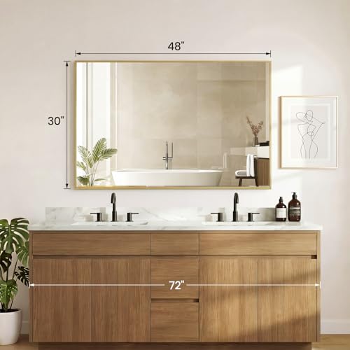Image of NEWBULIG 30 inch x 48 inch Gold Rectangle Bathroom Mirrors for Wall, Morden Wall Mirror with Metal Frame, Tempered Glass, Vanity Mirror for Over Sink, Entryway, Living Room, Anti-Rust, Horizontal or Vertical