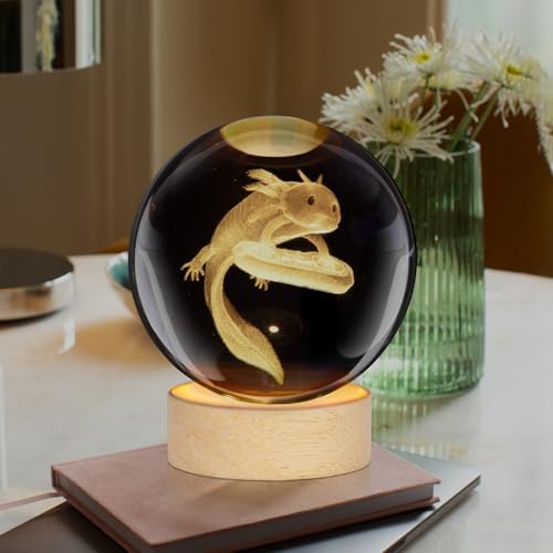 Large 3D Axolotl Crystal Ball Night Light for Kids with Colorful LED Light Base,Bedroom Decor and Gift for Teens Boys and Girls and Fans, Christmas Classmates and Birthday (Multicolor Salamander2)