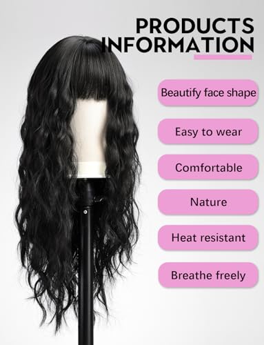 WOKESTAR Long Wavy Natural Black Wigs for Women Heat Resistant Natural Hair with Fringe - Image 2