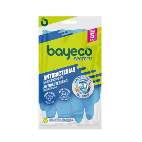 Bayeco - Guantes reutilizables Protect Antibacterias - Extra-protección para la limpieza de tu baño - Color Azul - Interior flocado para menor sudoración y mayor confort - 1 Par - Talla S