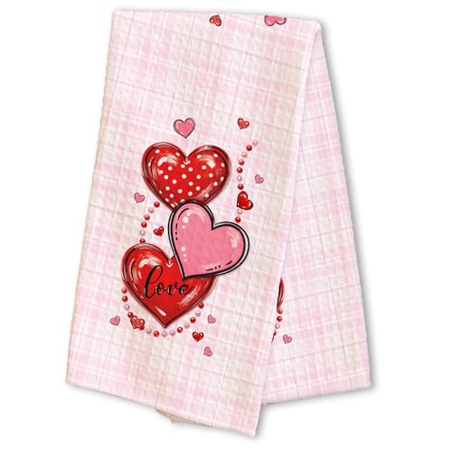 Valentines Day Kitchen Towel - Red Love Heart & Plaid Design Hand Dish Towels - Decorative Absorbent Fast Drying Dish Cloths - Valentines Day Romantic Gift for Her Him or Couples(16x24 Inches)-A04