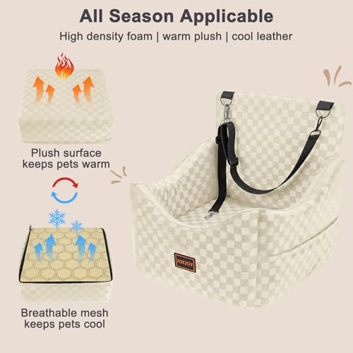 Image of JOEJOY Elevated Dog Car Seat for Small /Medium Dogs up to 35 lbs, Memory Foam Booster Seat with Detachable Washable Cover, Travel-Safe Car Bed with Safety Belts & Storage Pockets, Beige