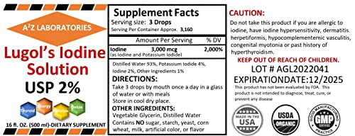 1X16 Oz Organic Lugol's Iodine And Potassium Iodide 2% Solution 3000 Mcg -Liquid Supplement Drops For Thyroid Support For Women & Men, Metabolism Health, Detox Boost -16 Fl Oz /Ships Today! #TOP1